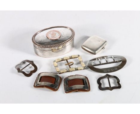 Sterling silver buckle, A and J Zimmerman Ltd, Birmingham, 23g, pair of silver shoe buckles, silver vesta and other shoe buck