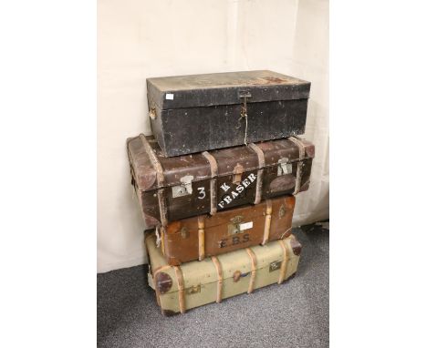 Three wood bound cabin trunks, one with Cunard label and a metal trunk. (4) 