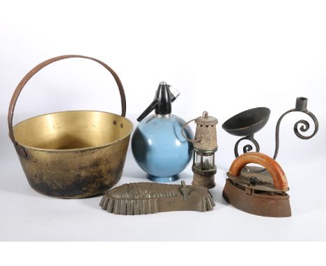 Vintage Globemaster soda syphon, a Diamond Club box iron, a Wolf Safety Lamp Co William Maurice Ltd 'Baby Wolf' miners safety
