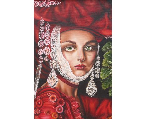 STEPHANIE GILLETT (South African contemporary artist and illustrator), bust length portrait of a lady in red hat and dress, o