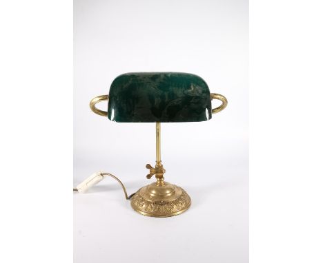 Brass student's desk lamp with green glass shade, 37cm tall. 