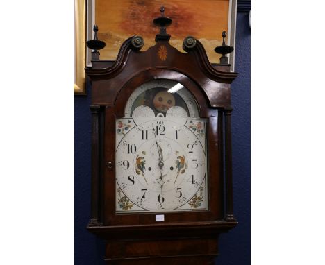 Antique Georgian mahogany longcase Grandfather clock, the painted dial with rolling moon phase and subsidiary seconds and day
