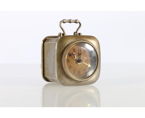 German Wecker type alarm clock of typical form in white metal case, 6cm tall.&nbsp; 