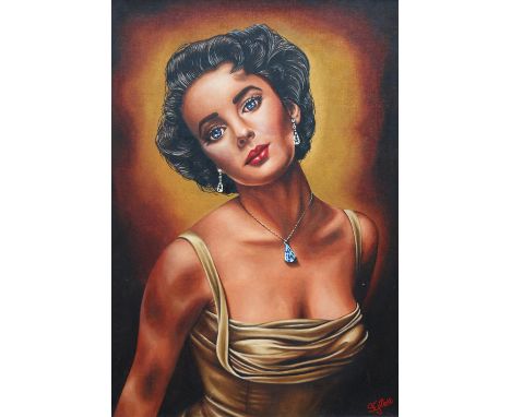 STEPHANIE GILLETT (South African contemporary artist and illustrator), portrait of Elizabeth Taylor, oil on board, signed low