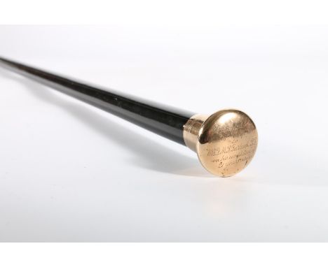Royal Engineers interest, a 9ct gold mounted ebony walking stick, the mounts by Kendall inscribed 'Presented by H2 16th Coy R
