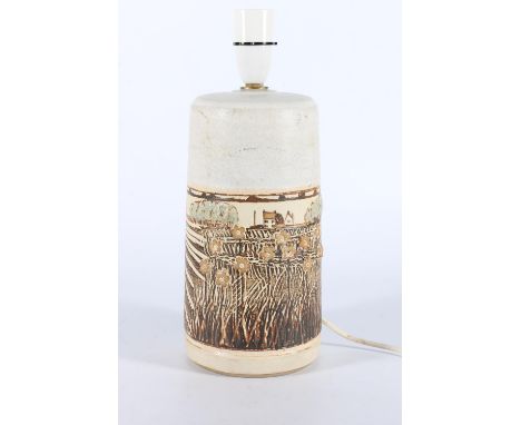 Studio pottery lamp base decorated with farming landscape scene, Vessey's Yard Pottery label to the interior, 31cm tall.&nbsp