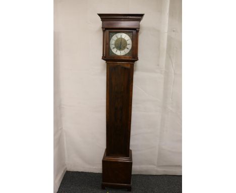 20th century walnut grandmother longcase clock with Greek key pattern frieze and brass dial, 181cm tall.&nbsp; 