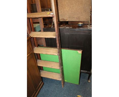 Large oak ladder, 260cm high x 55cm at widest, and a folding card table.