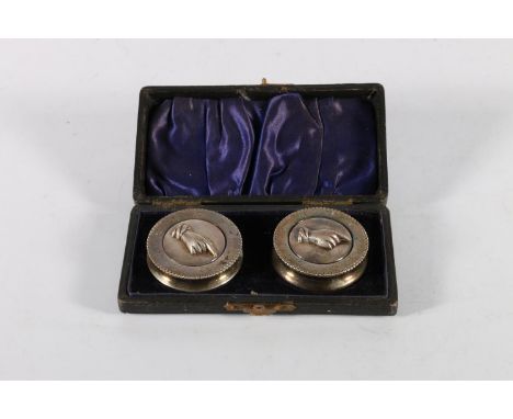 Cased pair of Victorian circular whist markers, each with hand pointer, Lawrence Enamel, Birmingham, 1897, 52 grams. 