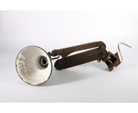 Industrial adjustable arm lamp with green enamelled metal shade, 100cm long when extended.&nbsp; 