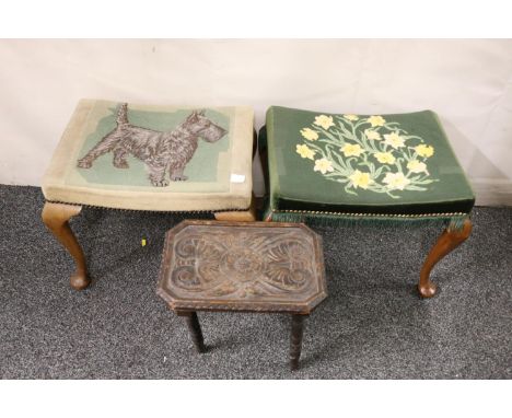 Scottish chip carved oak stool and two tapestry topped stools, one with Scottie dog top. (3) 