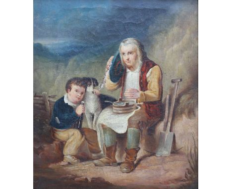 19TH CENTURY SCOTTISH SCHOOL, portrait of a father eating porridge from a bicker sat with boy and dog in a landscape, oil on 
