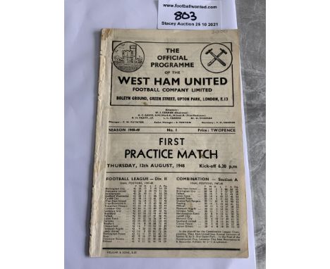 1948 West Ham Practice Match Football Programme: Ex bound programme number 1 dated 12 8 1948. Evidence of ex bound at spine a