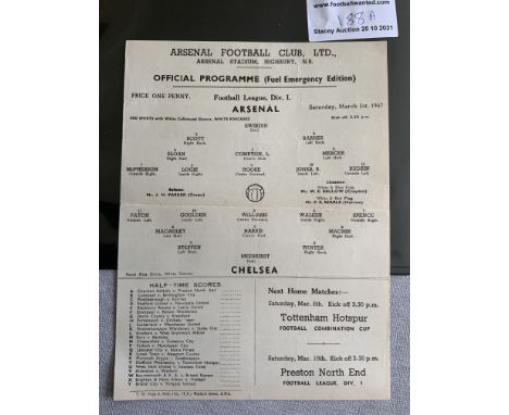 46/47 Arsenal v Chelsea Emergency Edition Football Programme: Single sheet hard to find in this unwritten very good condition