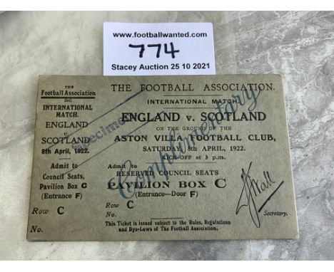 1922 England v Scotland Football Ticket: Full unused ticket with counterfoil dated 8 4 1922 for the match at Aston Villa in e
