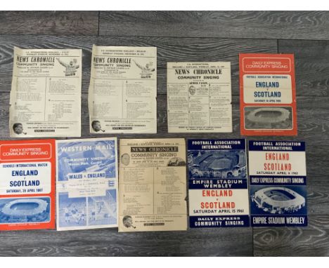 England International Football Song Sheets: Away 57 Wales then homes 52 Wales Belgium and a further 6 v Scotland from 1947 to