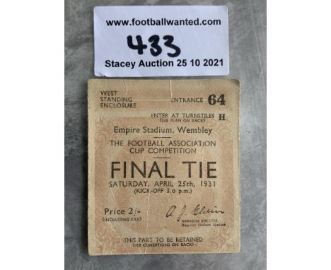 1931 FA Cup Final Football Ticket: West Brom v Birmingham City in very good condition with very light folding.