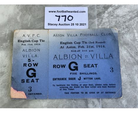 1913/1914 Aston Villa v West Brom FA Cup Football Ticket: Complete ticket with counterfoil attached for the  3rd round match 