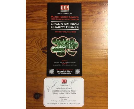 1968 Manchester United Team Signed Ticket: 1999 reunion menu in Ireland. Ticket for event is signed on front by Law and Aston