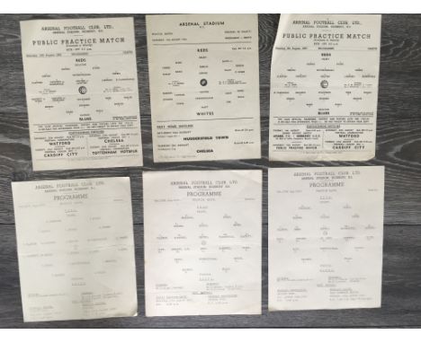 Arsenal 1950s Practice Match Football Programmes: 15 8 1953, 13 8 1955, 6 8 1955, 11 8 1956, 10 8 1957, 17 8 1957. All excell