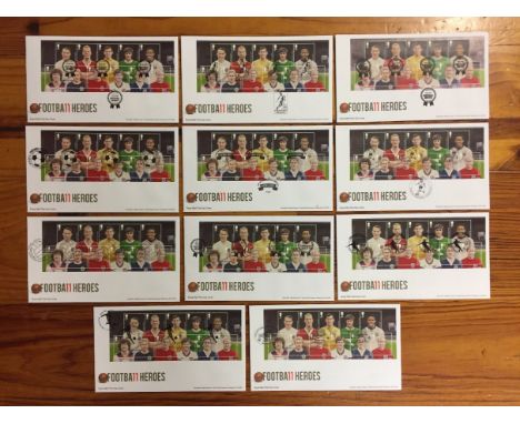 George Best First Day Covers: Football Heroes Stamps 2013. Full sheet of 11 stamps on each cover and all have a different han