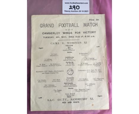 1943 Army Football Programme: Dated 4 5 1943 in aid of the Camberley Wings For Victory. Single sheet in good condition with n