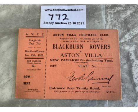 1922/1923 Aston Villa v Blackburn Rovers FA Cup Football Ticket: Full unused ticket with counterfoil dated 13 1 1923 in excel