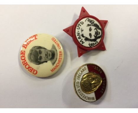1960s Original Football Badges: Circular metal portrait badges of George Best and a red star badge of Denis Law. (3)