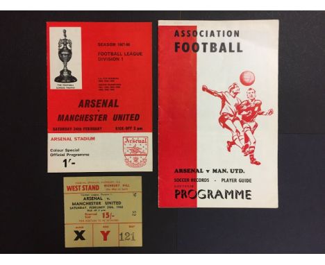 67/68 Arsenal v Manchester United Programmes + Ticket: Official and Pirate programme together with ticket dated 24 2 1968. (3