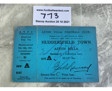 1920/1921 Aston Villa v Huddersfield Town FA Cup Football Ticket: Full unused ticket with counterfoil dated 19 2 1921 in exce