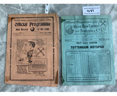 38/39 West Ham v Tottenham Football Programmes: Home and away matches in fair condition with ex tape marks. (2)