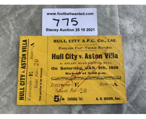 1925/1926 Hull City v Aston Villa FA Cup Football Ticket: Full unused ticket with counterfoil dated 9 1 1926 in fair/good con
