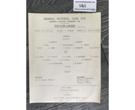 56/57 Arsenal v Wembley London FA Cup Football Programme: Single sheet dated 8 10 1956. Unwritten in very good condition with