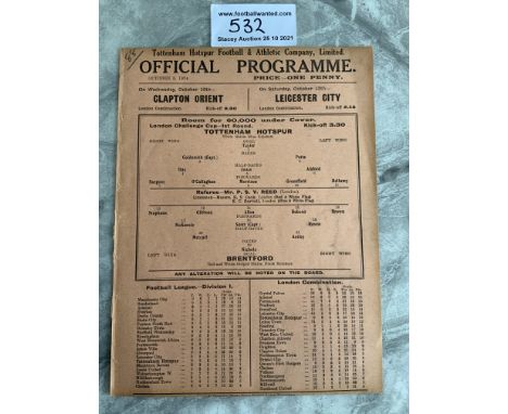 34/35 Tottenham v Brentford LC Cup Football Programme: London Challenge Cup dated 8 10 1934. Ex bound single sheet with no te