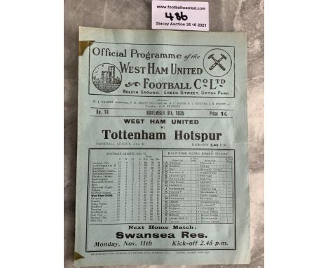 35/36 West Ham v Tottenham Football Programme: League match dated 9 11 1935. Two tape marks on spine with neat score and scor