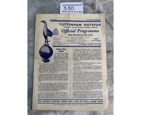 1950 Tottenham Public Trial Football Programme: Whites v Reds dated 12 8 1950 from the Championship season of 50/51. Good wit