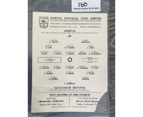 55/56 Arsenal v Tottenham SJFC Football Programme: Single sheet dated 27 10 1955. Unwritten but piece out of corner. (See onl