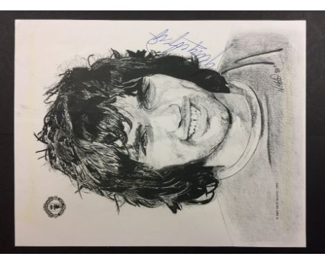 1991 Neil Holt Portrait Of George Best: In Manchester United kit measuring 9 inches x 7 inches, hand signed by George Best.