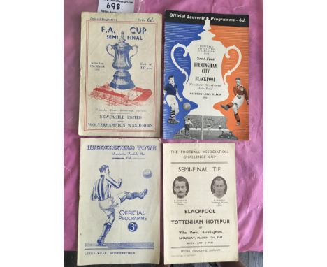 FA Cup Semi Final Football Programmes: 1948 Blackpool v Tottenham, 1951 Birmingham v Blackpool, Newcastle v Wolves + Replay. 