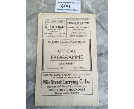 38/39 Rochdale v Hull City Football Programme: Good condition with no team changes. Light fold and staple removed not rotted 