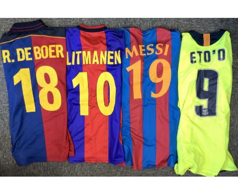 Barcelona Football Shirts: Adult sizes from various seasons to include 3 good condition homes and a torn Eto away. Unknown if