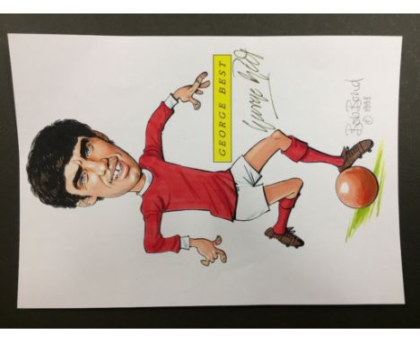 George Best Signed Manchester United Football Print: 1997 Philip Neill Caricature measuring 14cm x 10cm. Signed by George Bes