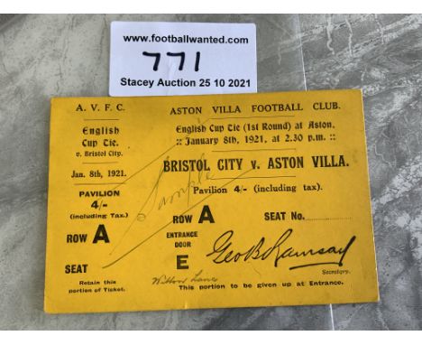 1920/1921 Aston Villa v Bristol City FA Cup Football Ticket: Sample ticket sent to Villa Director by printers. Exactly the sa