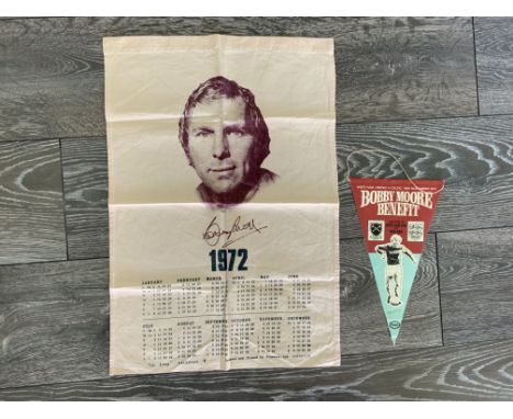 Bobby Moore West Ham Tea Towel + Pennant: Very rare tea towel which has a portrait picture of Bobby on and a calendar for 197