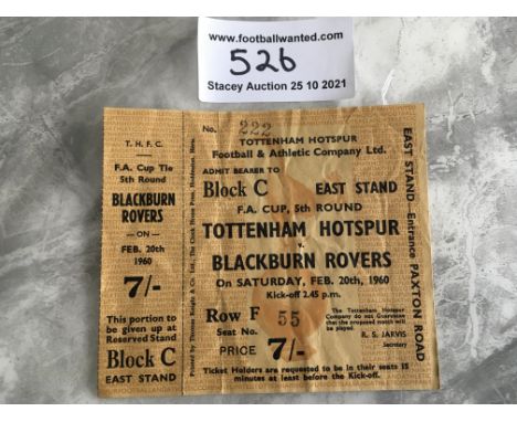 59/60 Tottenham v Blackburn Rovers Unused Football Ticket: FA Cup match from the season Blackburn got to the final. Counterfo