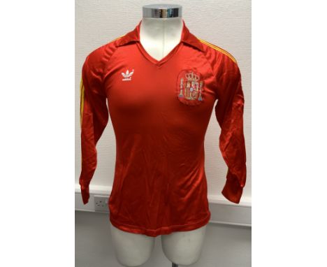 1982 Spain Match Worn Football Shirt: Stunning red long sleeve shirt with yellow stripes down the arm made by Adidas. Number 