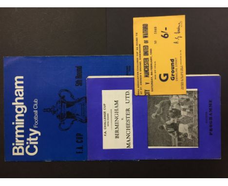 68/69 Birmingham City v Manchester United Football Memorabilia: Includes official and pirate programmes plus ticket. FA Cup m