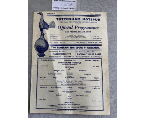 54/55 Tottenham v Arsenal Friendly Football Programme: Dated 2 3 1955 a single sheet in good condition with a couple of small