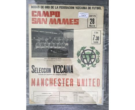 1964 Vizcaina v Manchester United Football Poster: Large colourful match advertising poster with Manchester United team group