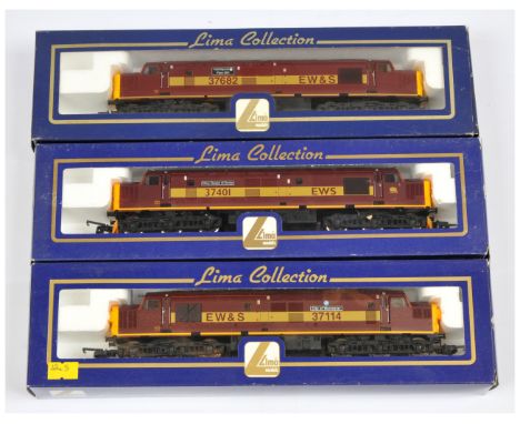 Lima OO Group of 3x EWS Maroon &amp; Yellow Class 37 Loco's. Comprising 204754 EW &amp; S 37682 Hartlepool Pipe Mill, L204975